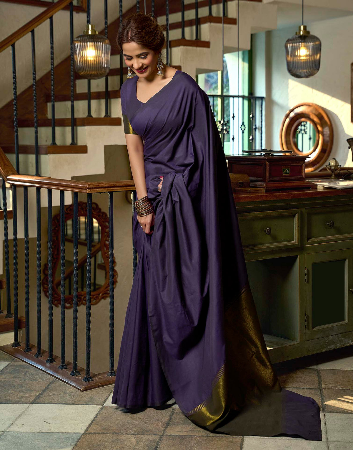 Navy Blue Cotton Woven Kanjivaram Saree