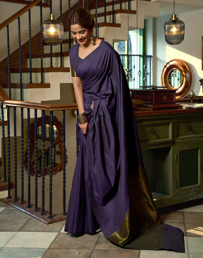 Navy Blue Cotton Woven Kanjivaram Saree