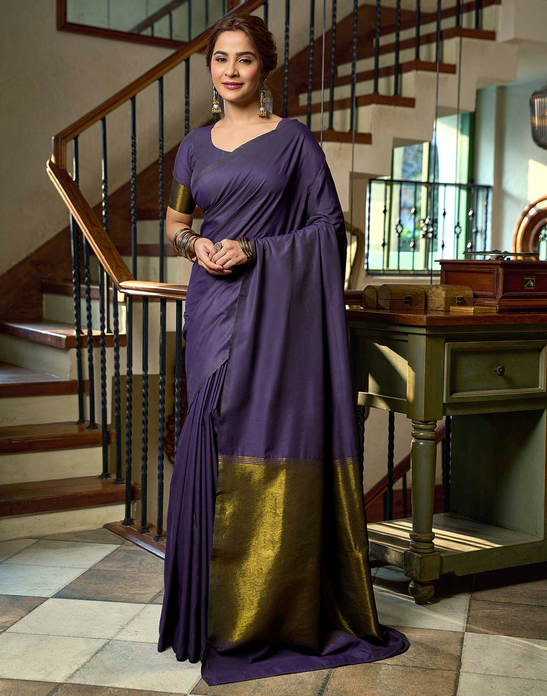 Navy Blue Cotton Woven Kanjivaram Saree