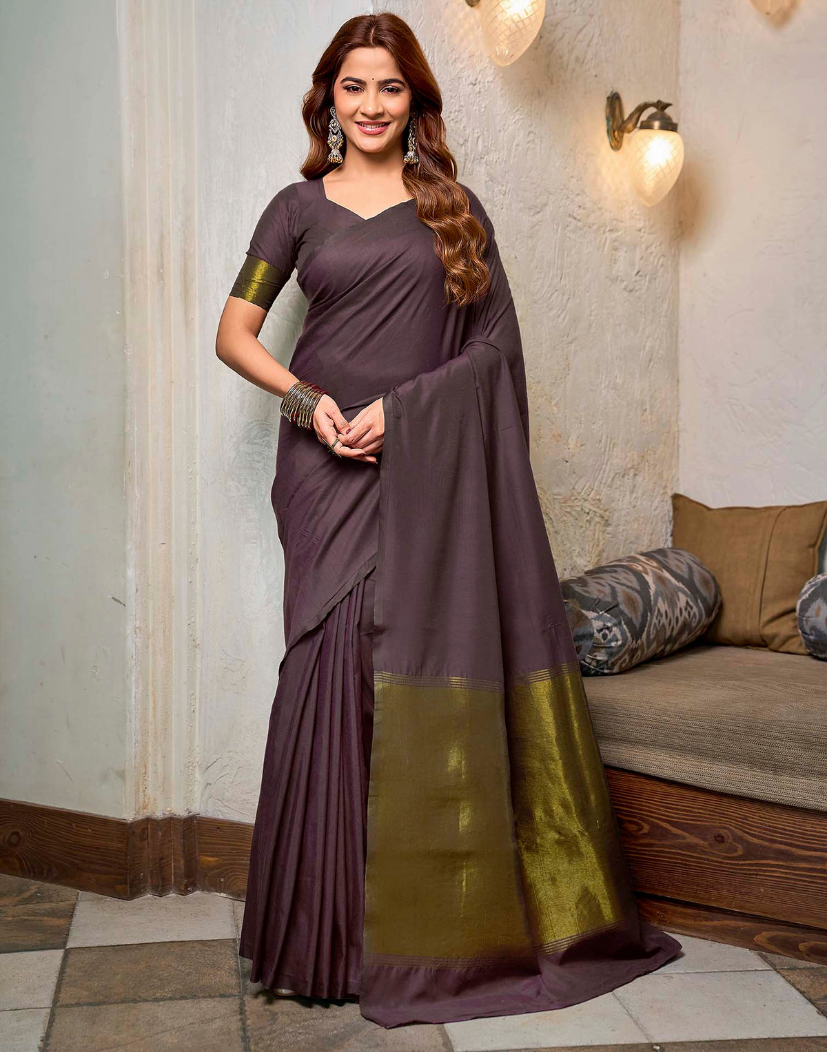 Wine Cotton Woven Kanjivaram Saree