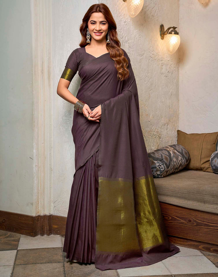 Wine Cotton Woven Kanjivaram Saree