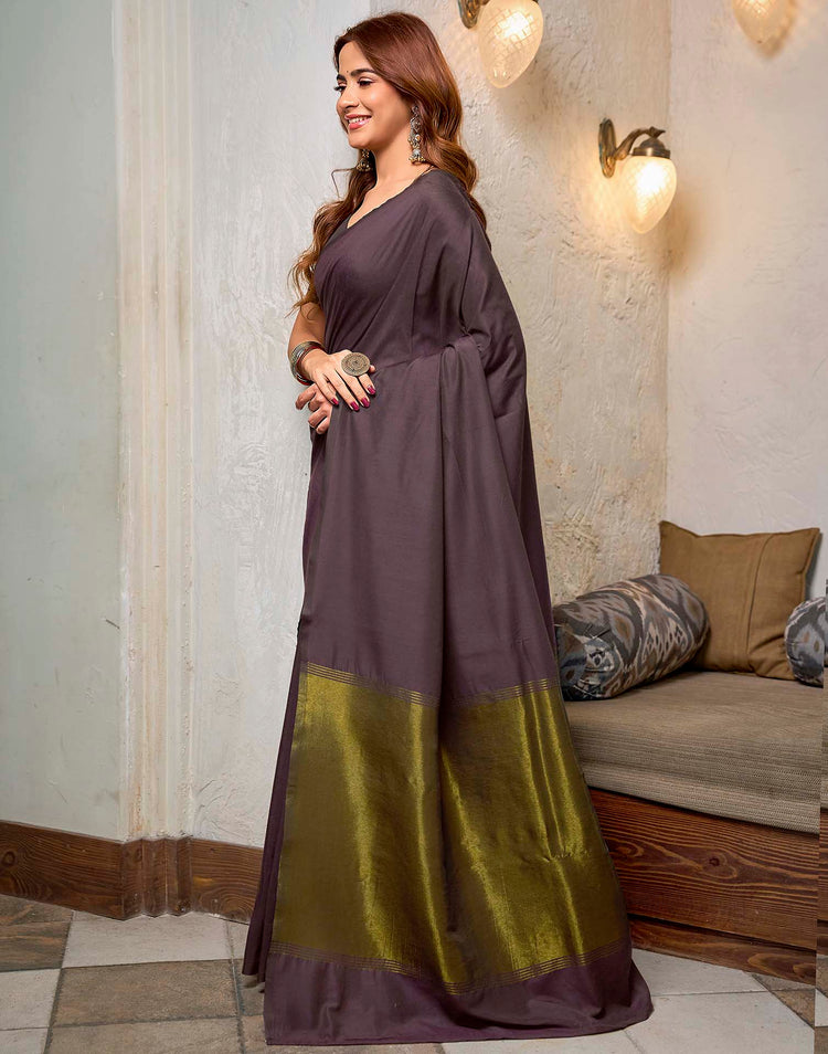 Wine Cotton Woven Kanjivaram Saree