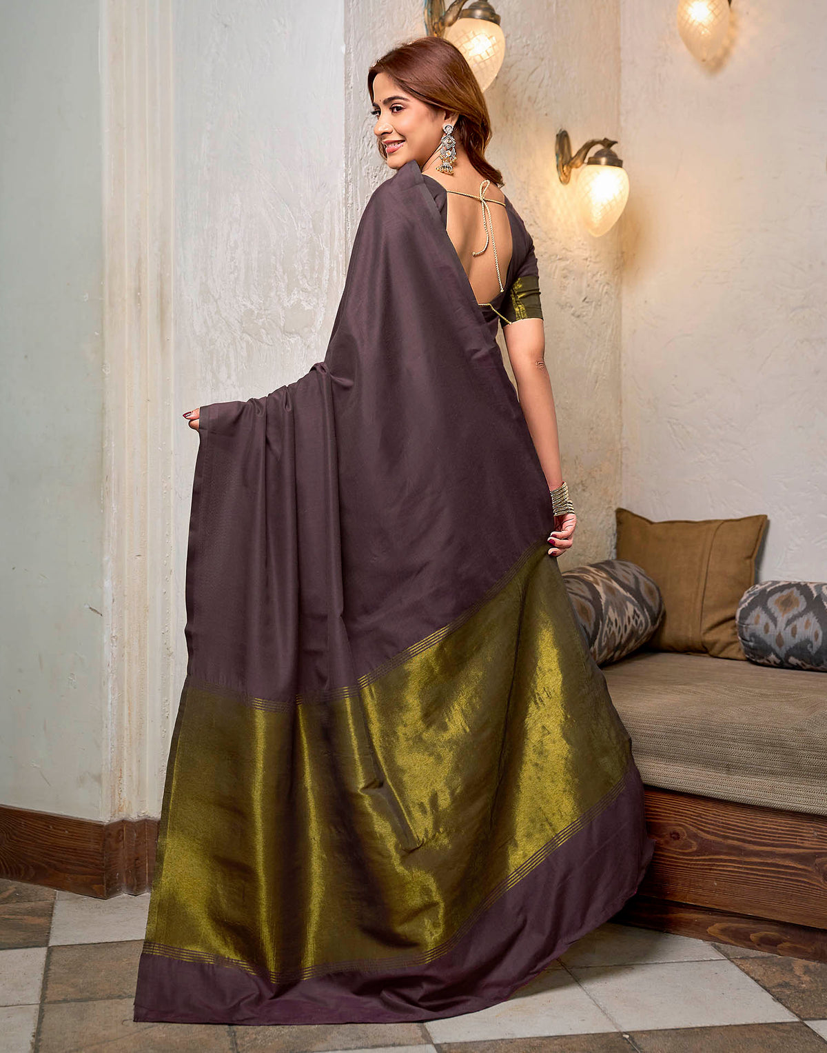 Wine Cotton Woven Kanjivaram Saree