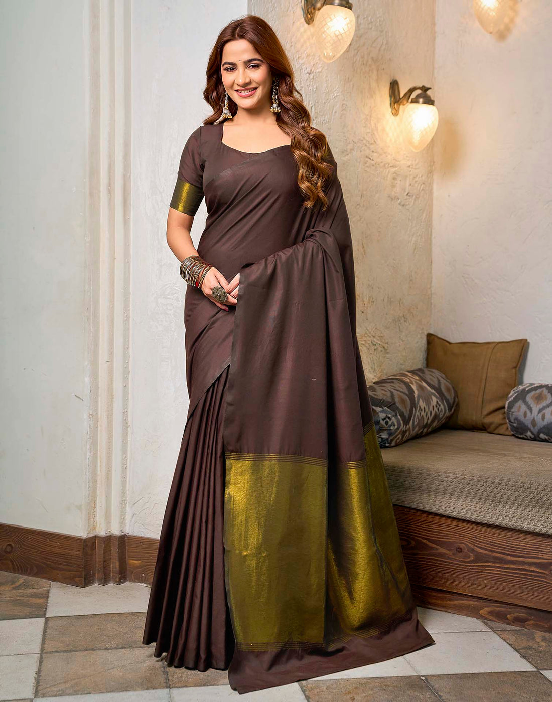 Dusty Wine Cotton Woven Kanjivaram Saree