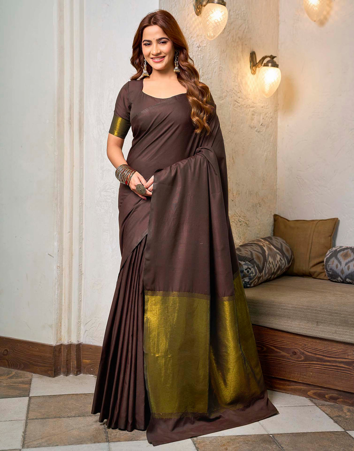 Dusty Wine Cotton Woven Kanjivaram Saree