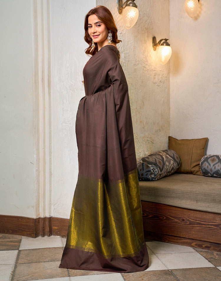 Dusty Wine Cotton Woven Kanjivaram Saree