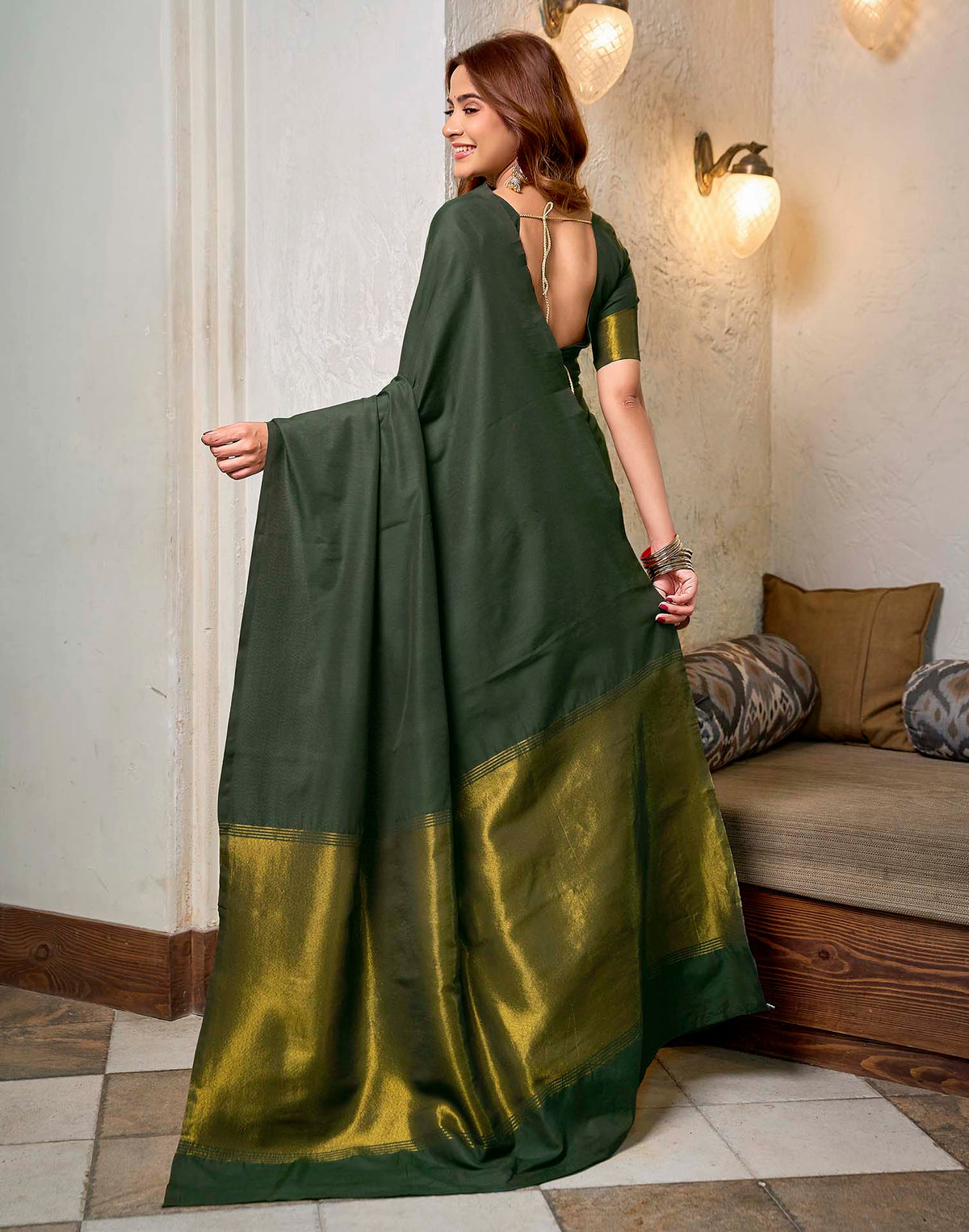 Moss Green Cotton Woven Kanjivaram Saree