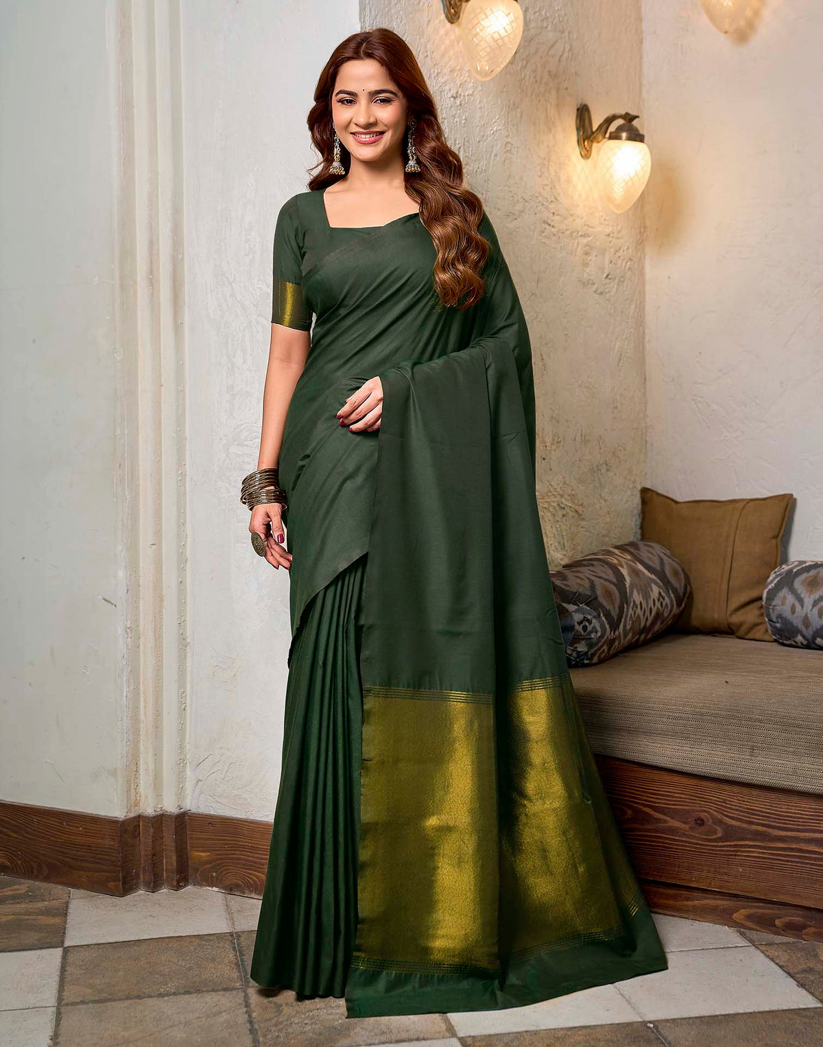 Moss Green Cotton Woven Kanjivaram Saree
