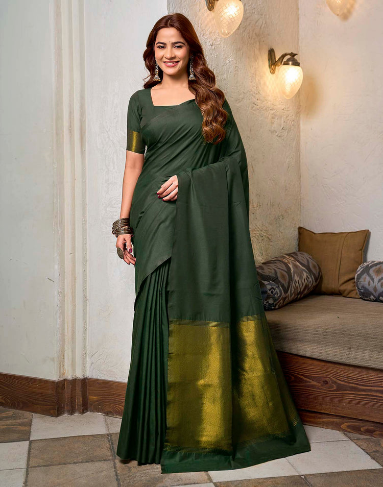Moss Green Cotton Woven Kanjivaram Saree
