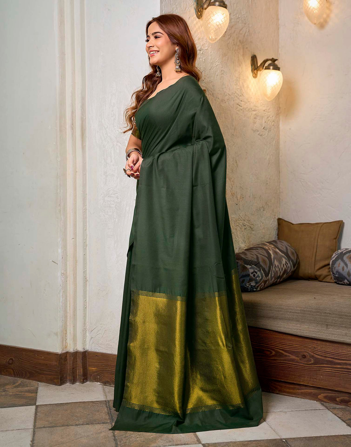 Moss Green Cotton Woven Kanjivaram Saree