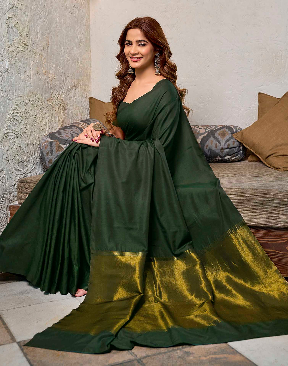 Moss Green Cotton Woven Kanjivaram Saree