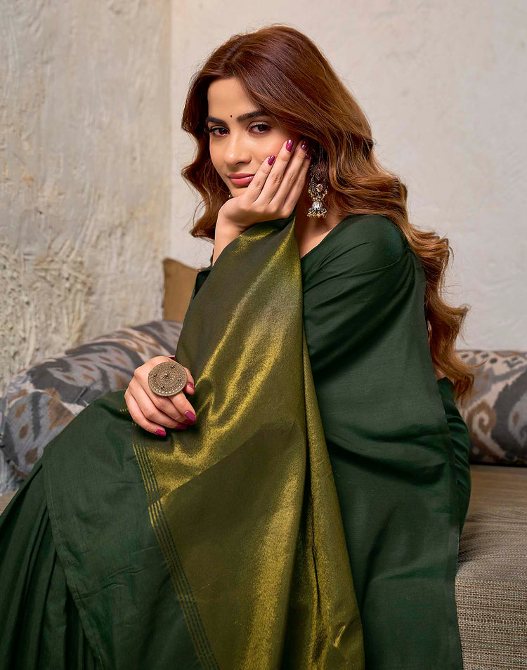 Moss Green Cotton Woven Kanjivaram Saree