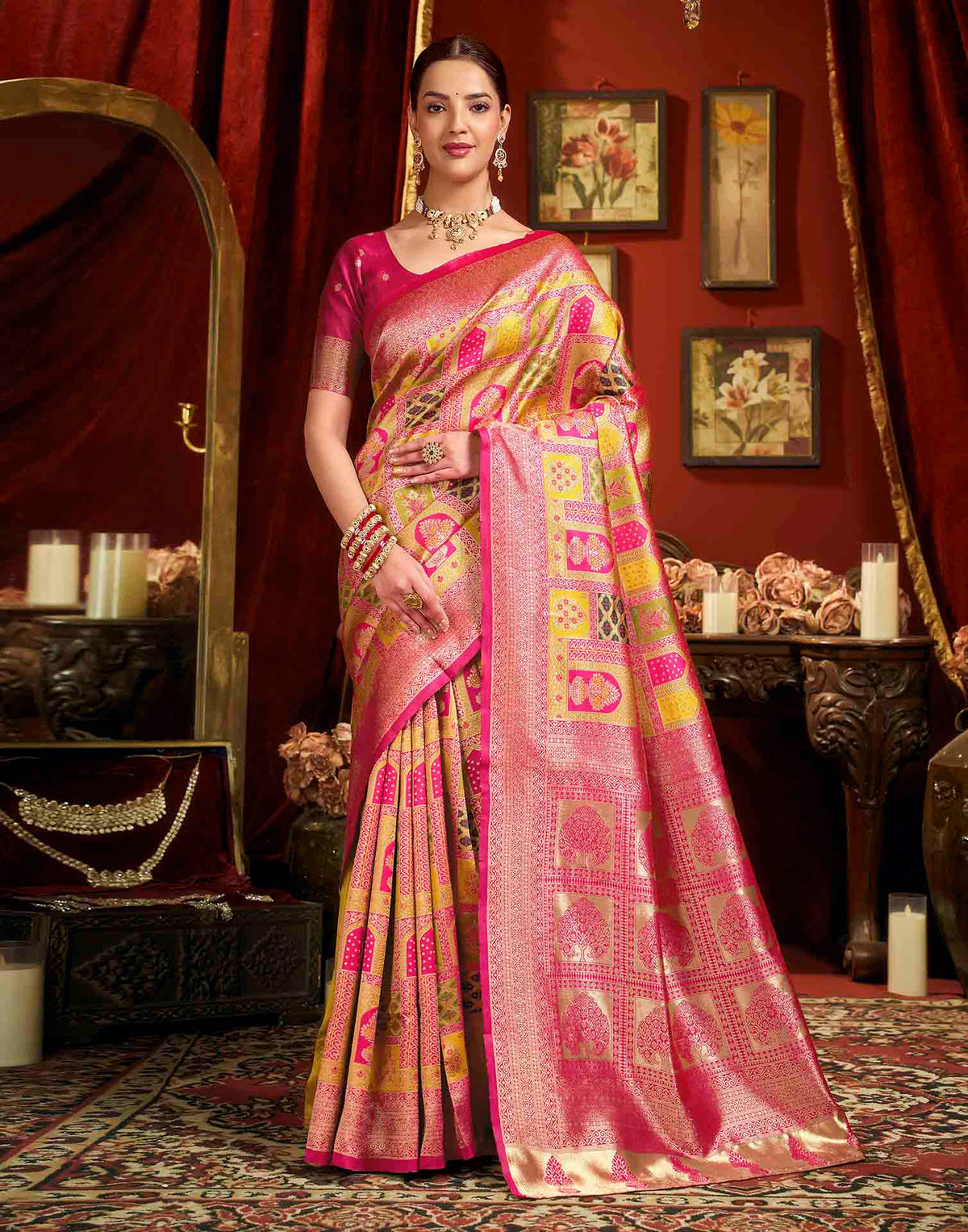 Bright Pink Silk Woven Banarasi Saree
