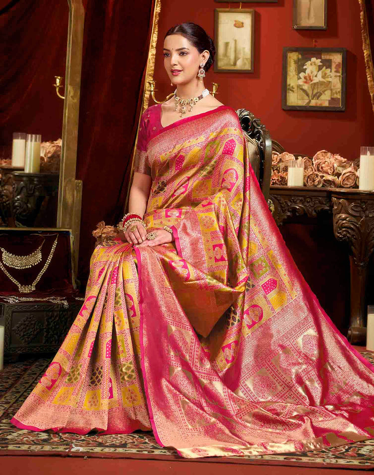 Bright Pink Silk Woven Banarasi Saree