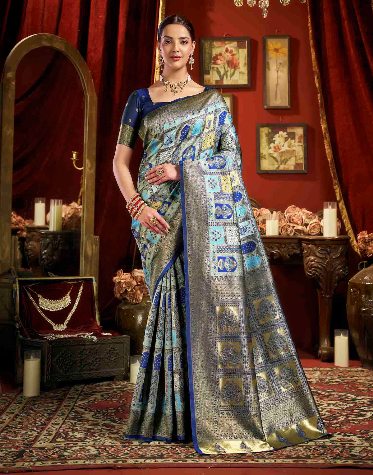 Sky Blue Silk Woven Banarasi Saree