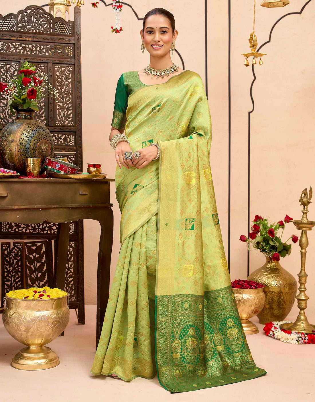 Pista Green Silk Woven Banarasi Saree
