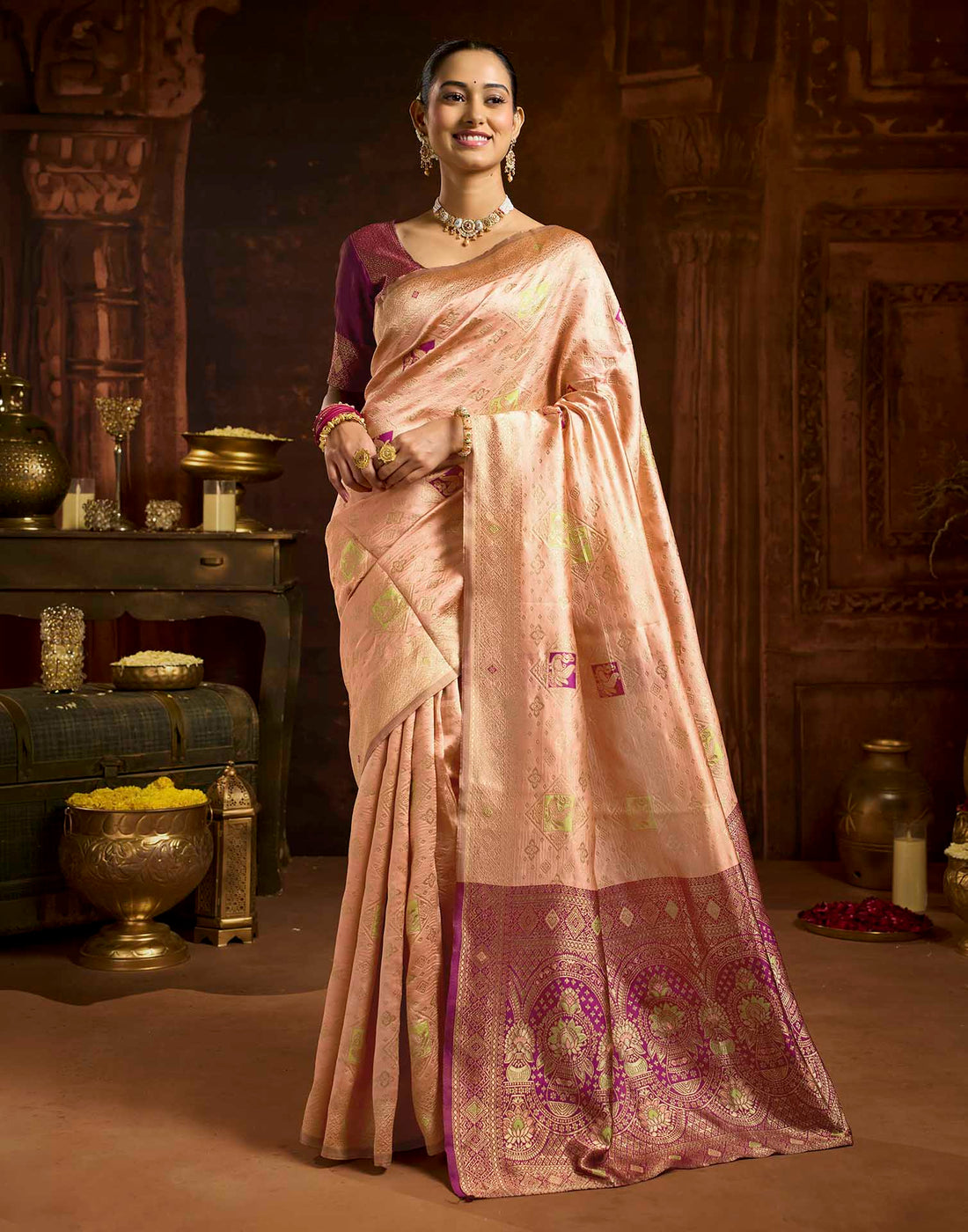 Peach Silk Woven Banarasi Saree
