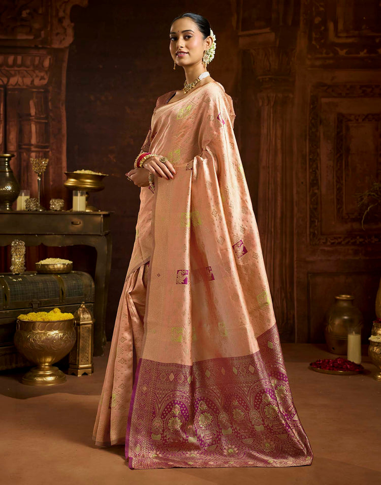 Peach Silk Woven Banarasi Saree