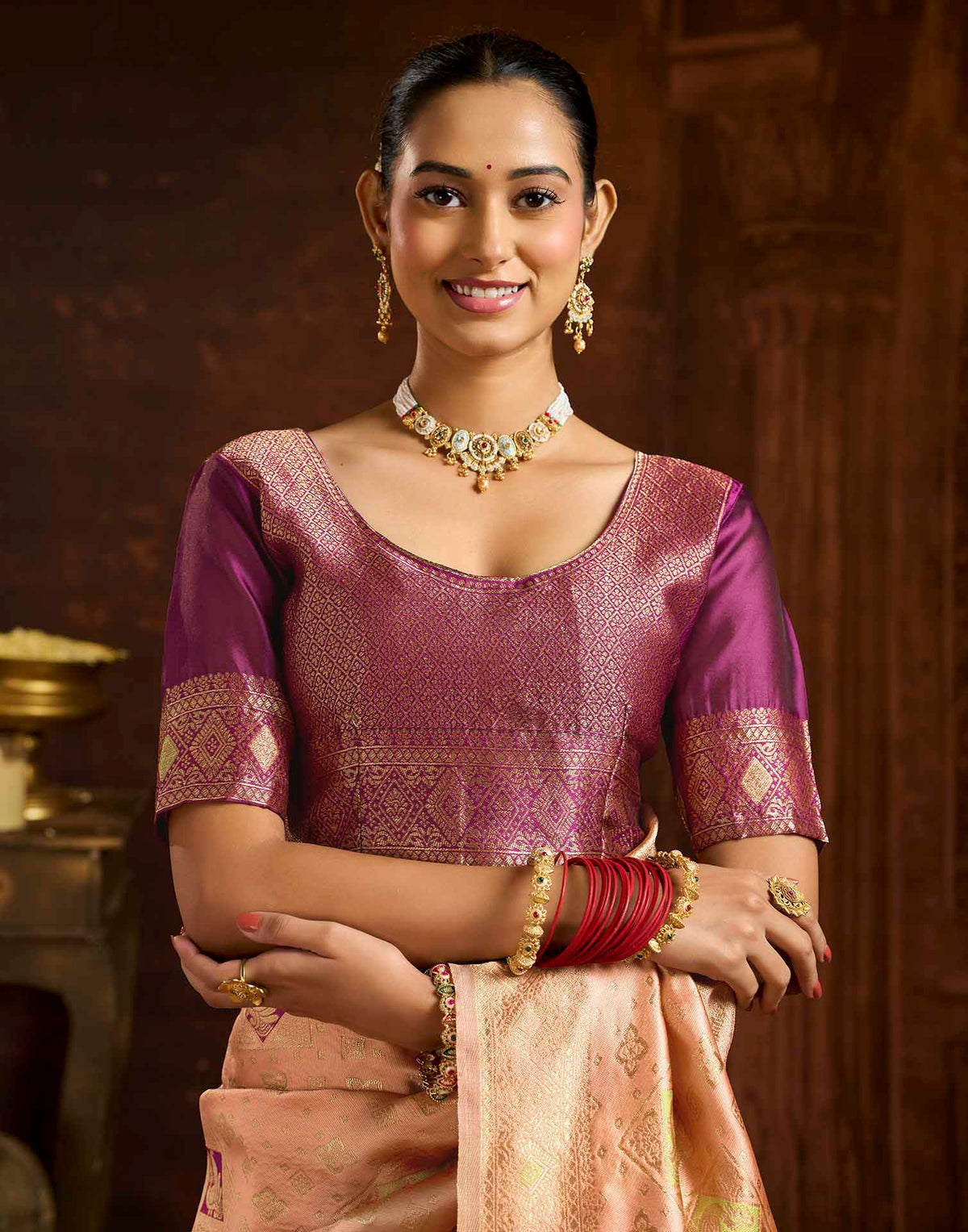 Peach Silk Woven Banarasi Saree
