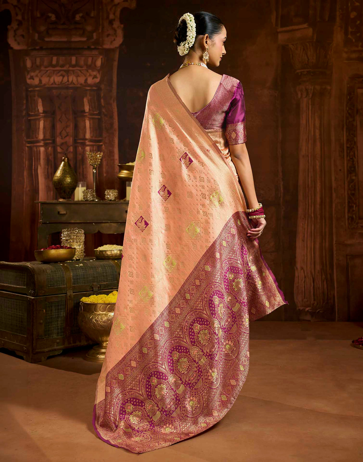 Peach Silk Woven Banarasi Saree