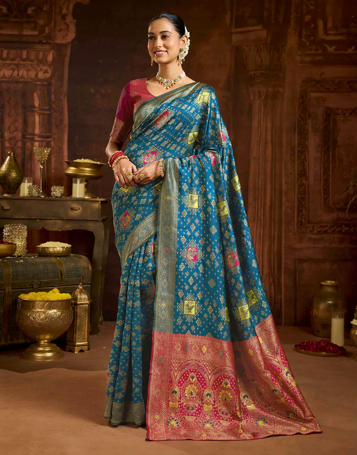 Peacock Blue Silk Woven Banarasi Saree