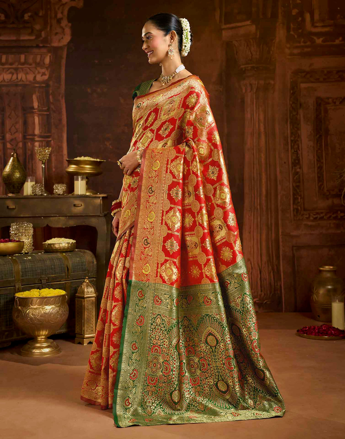 Bright Red Silk Woven Banarasi Saree