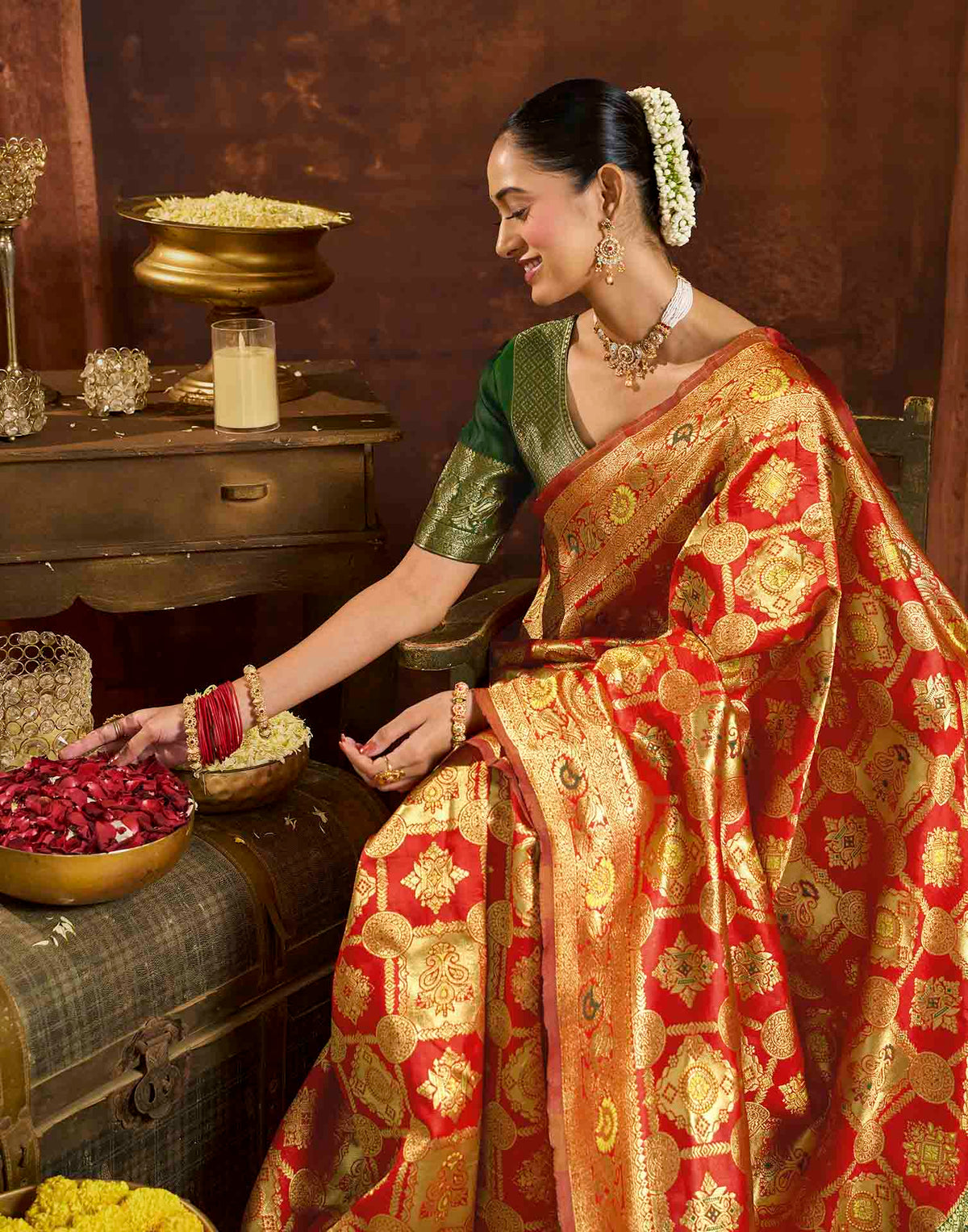 Bright Red Silk Woven Banarasi Saree