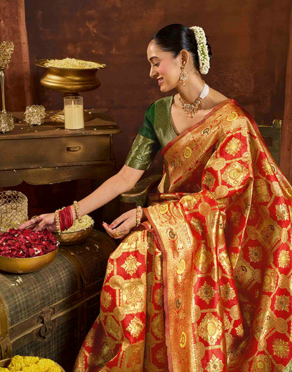 Bright Red Silk Woven Banarasi Saree