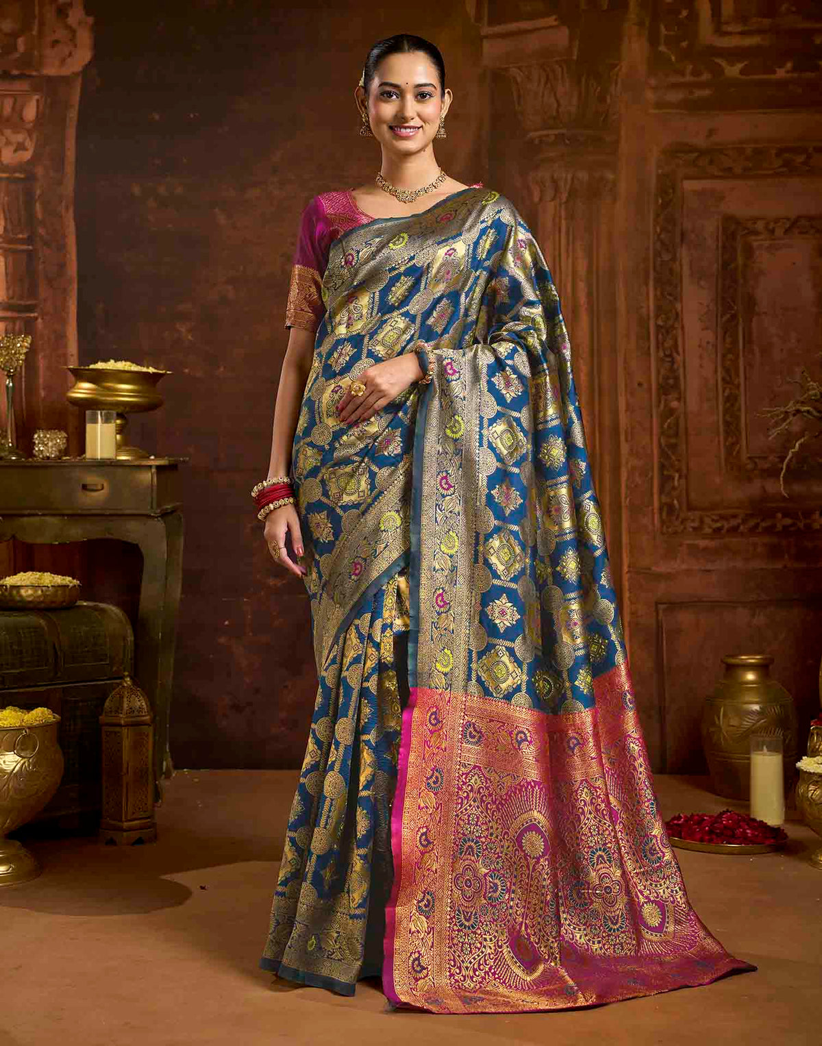Peacock Blue Silk Woven Banarasi Saree