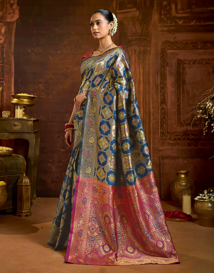 Peacock Blue Silk Woven Banarasi Saree