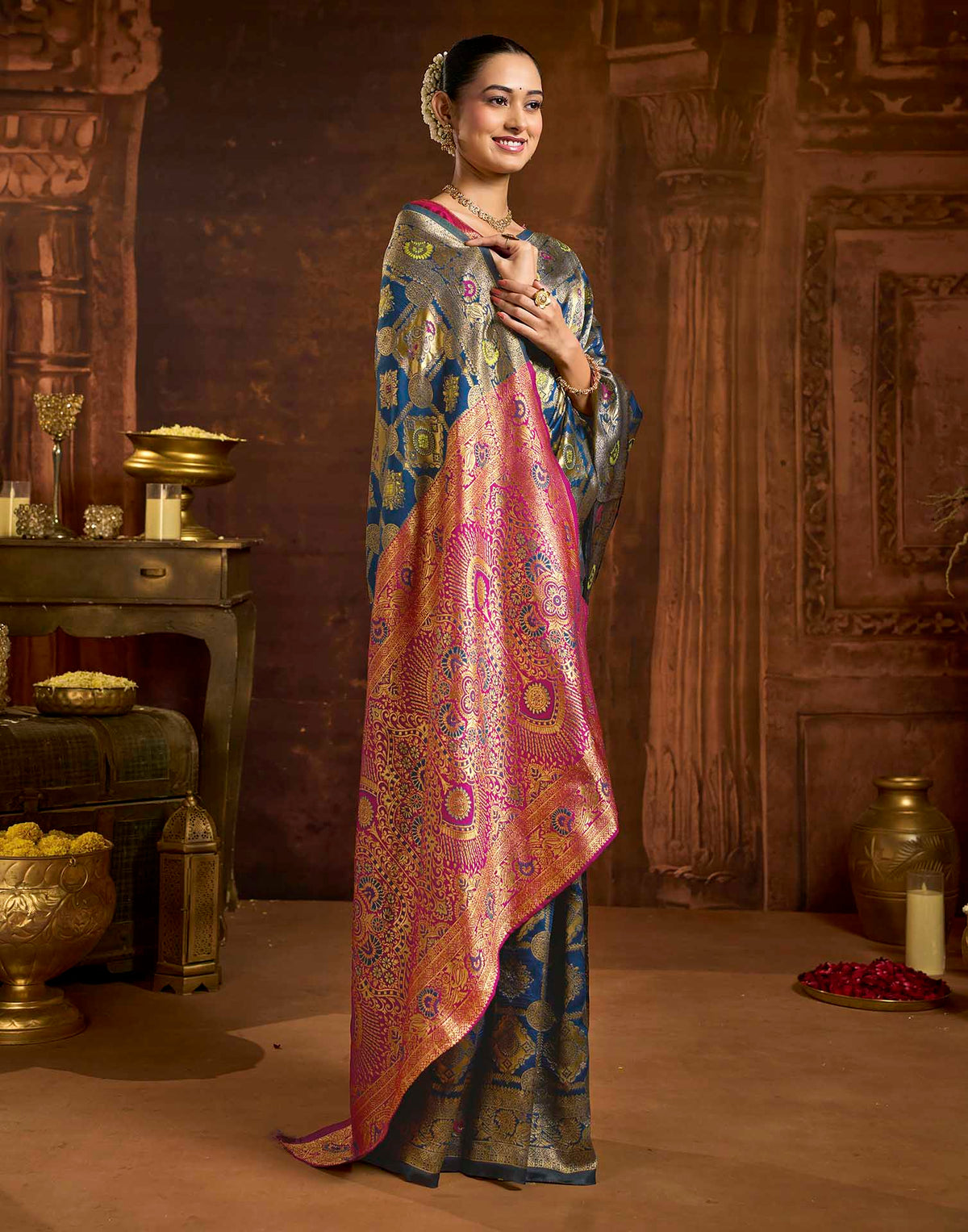 Peacock Blue Silk Woven Banarasi Saree