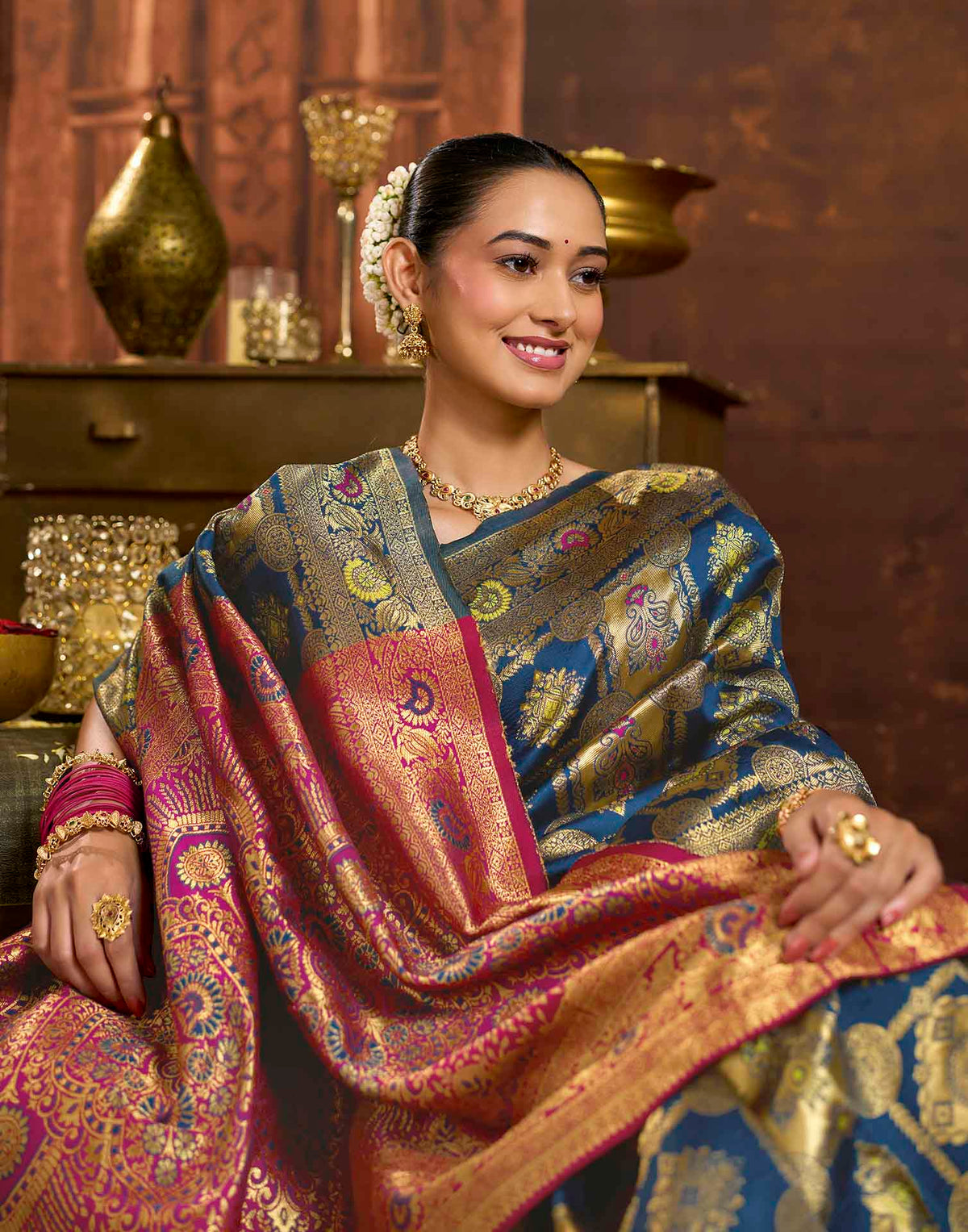 Peacock Blue Silk Woven Banarasi Saree