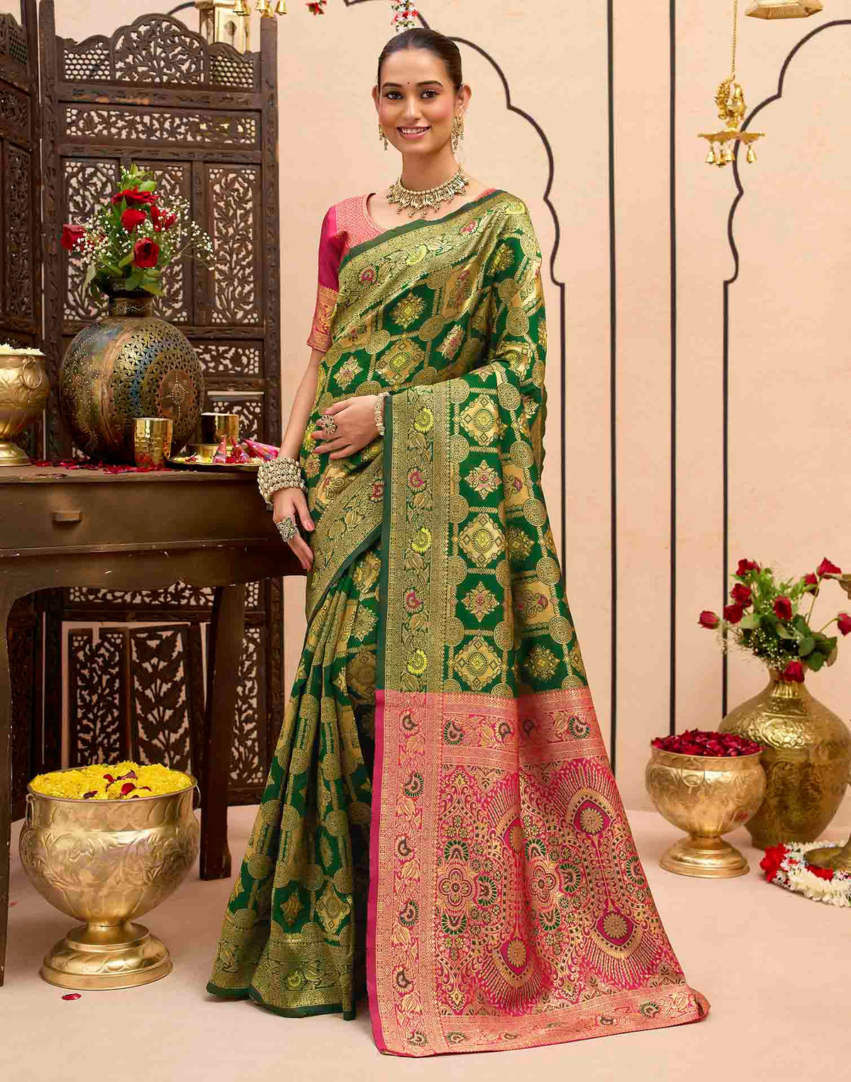 Dark Green Silk Woven Banarasi Saree
