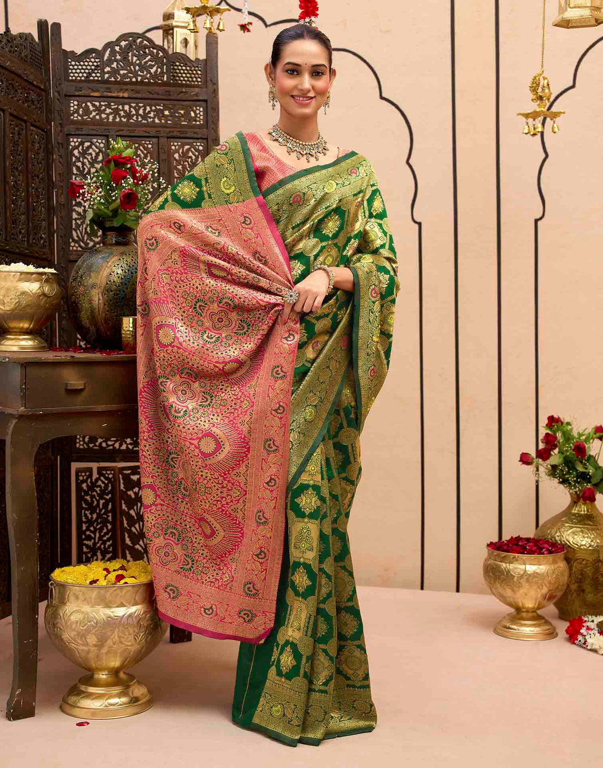 Dark Green Silk Woven Banarasi Saree