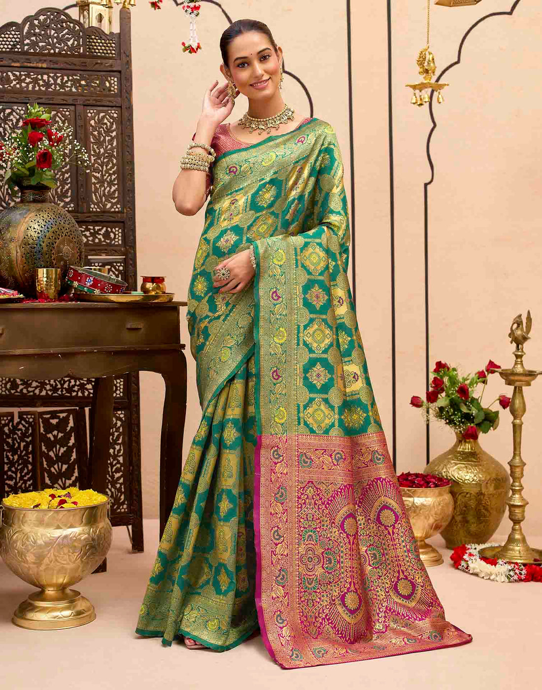 Teal Green Silk Woven Banarasi Saree