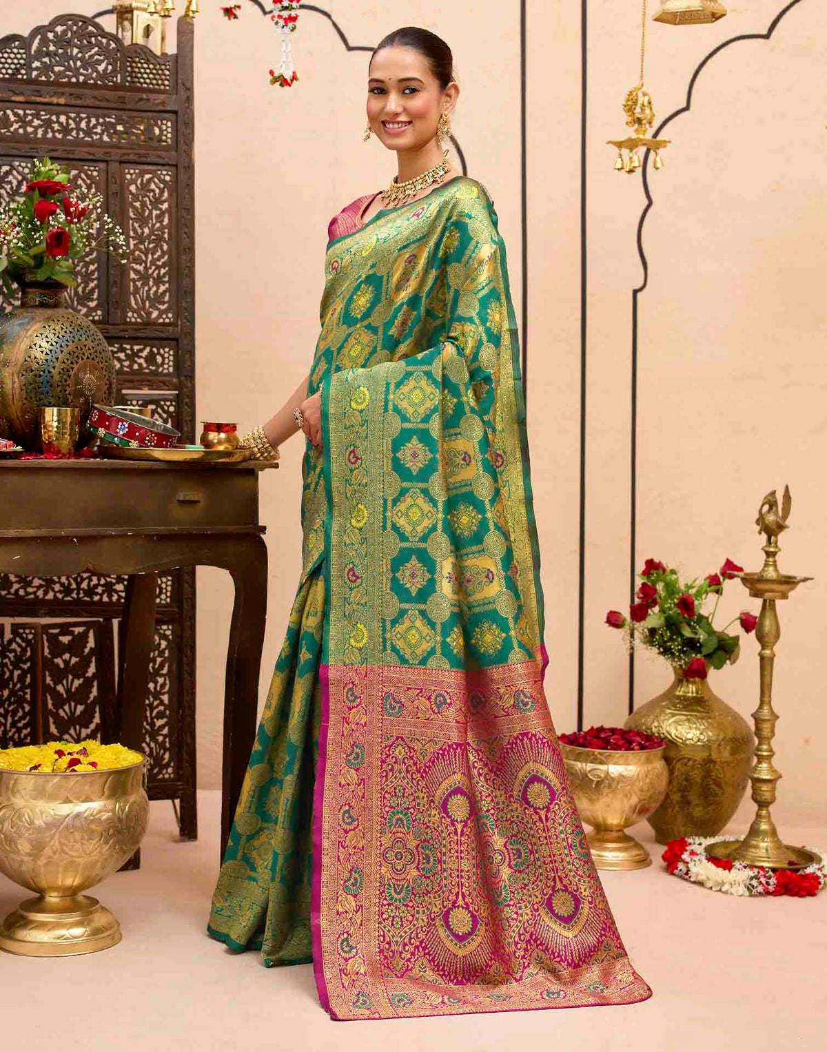 Teal Green Silk Woven Banarasi Saree