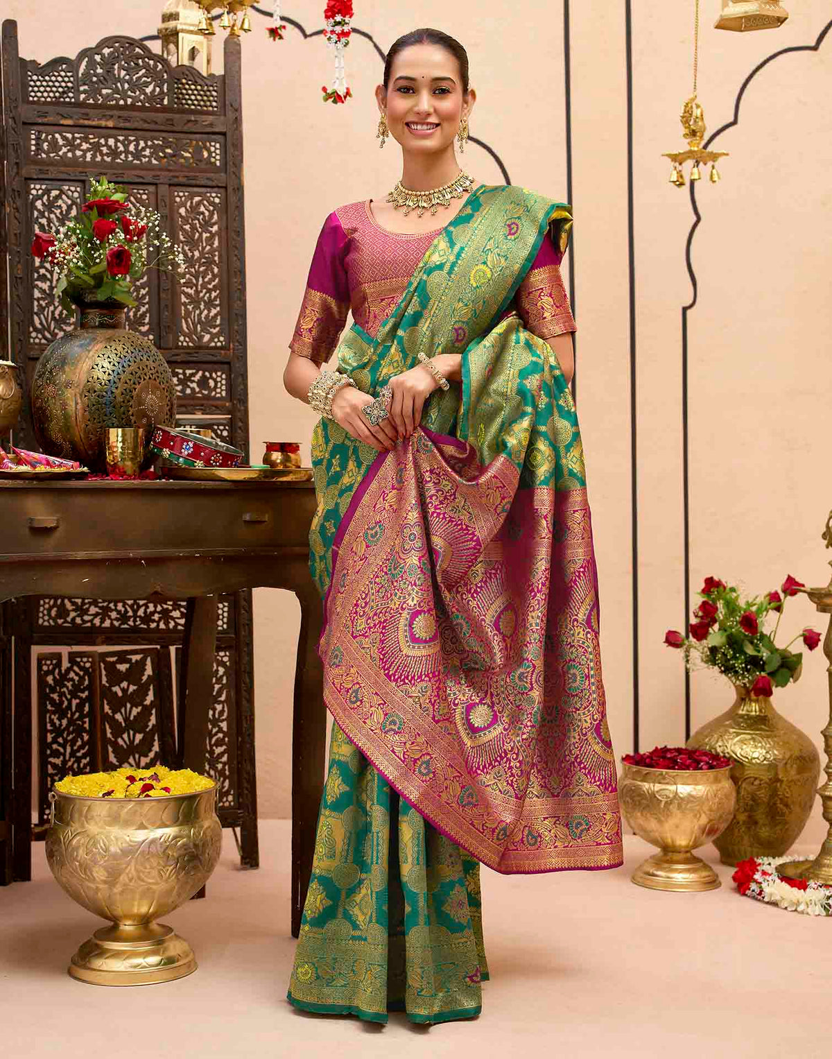 Teal Green Silk Woven Banarasi Saree