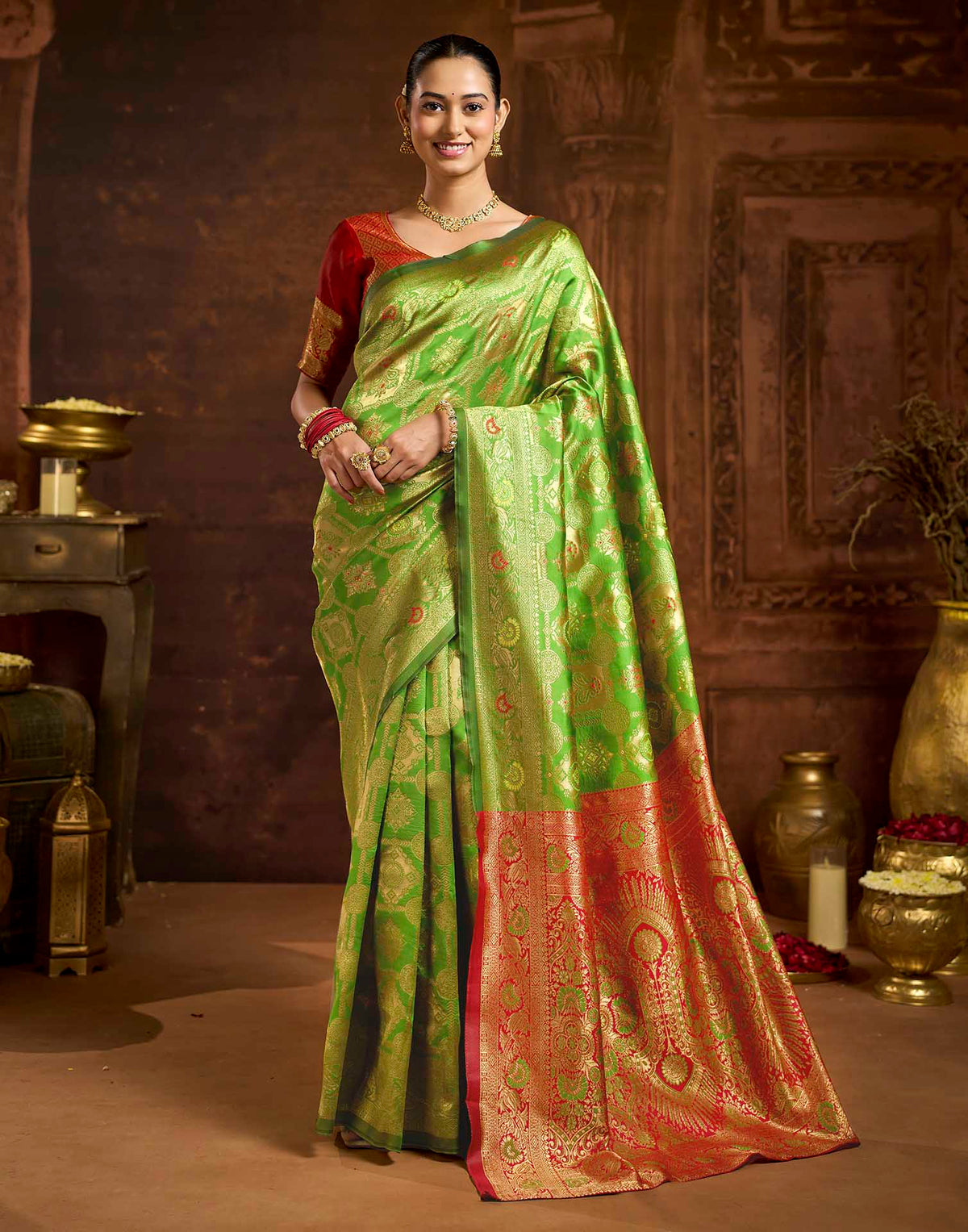 Parrot Green Silk Woven Banarasi Saree