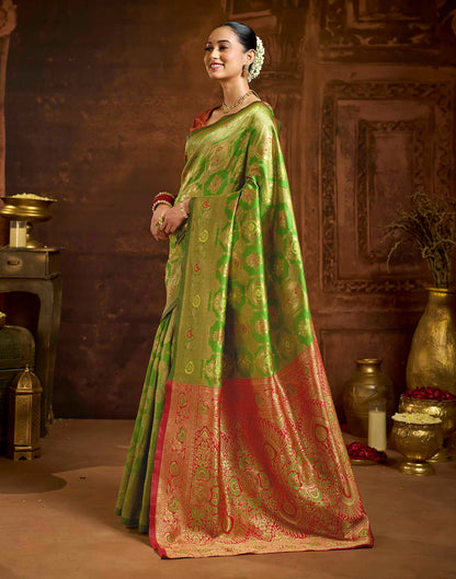 Parrot Green Silk Woven Banarasi Saree