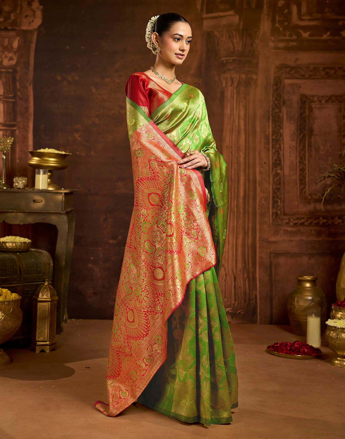 Parrot Green Silk Woven Banarasi Saree