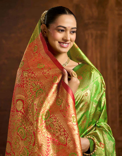 Parrot Green Silk Woven Banarasi Saree
