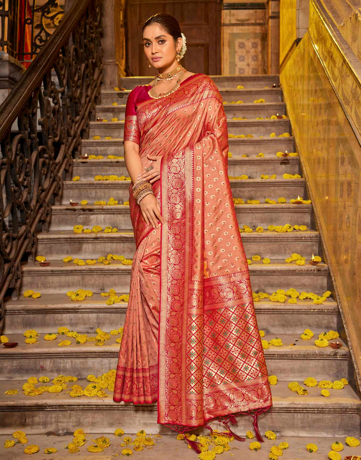 Peach Silk Woven Banarasi Saree