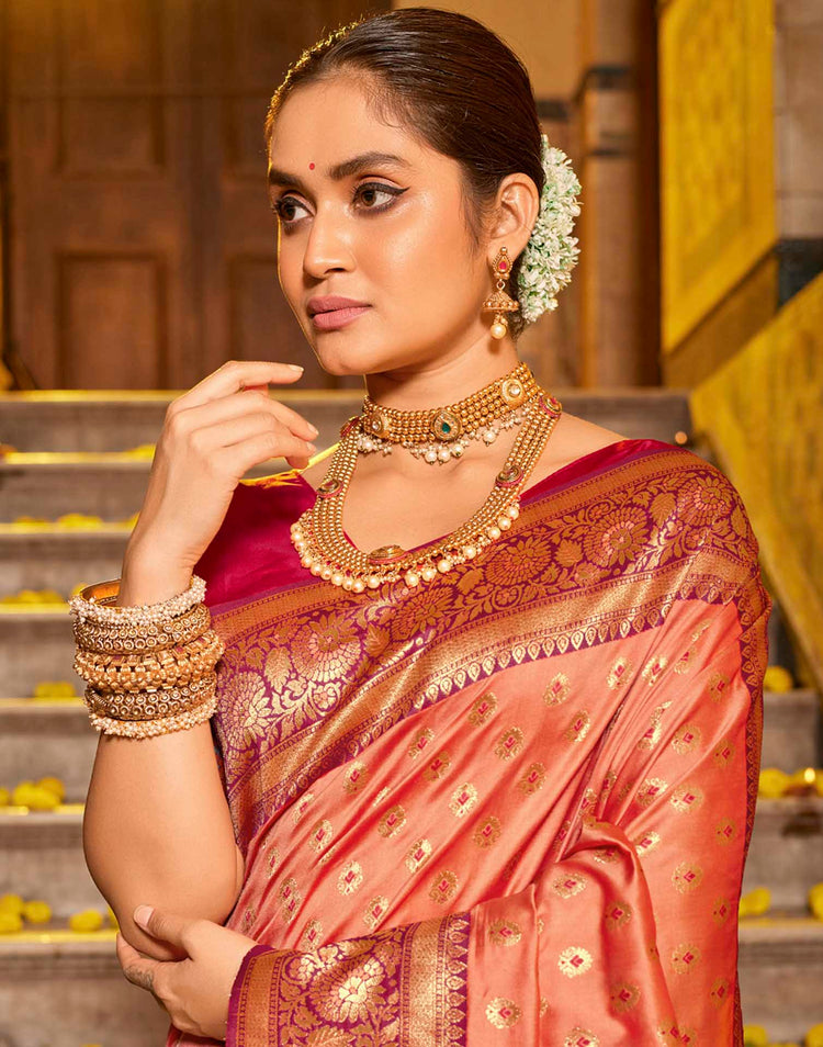 Peach Silk Woven Banarasi Saree