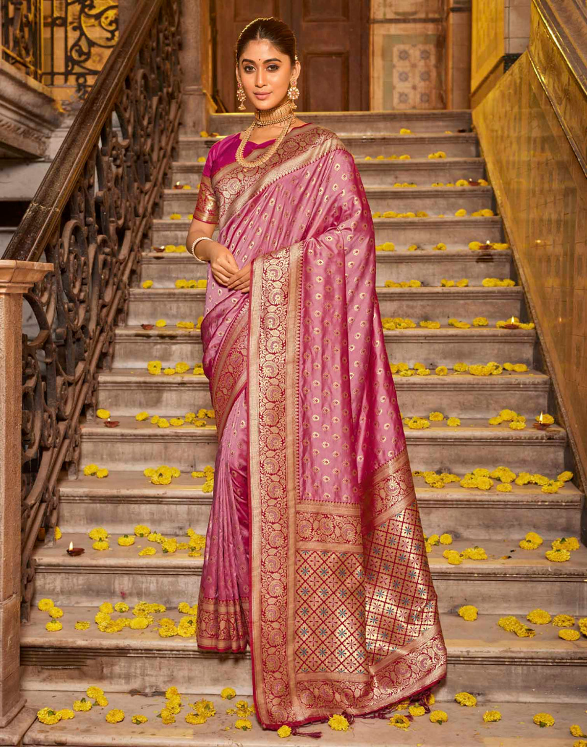 Dusty Rose Pink Silk Woven Banarasi Saree