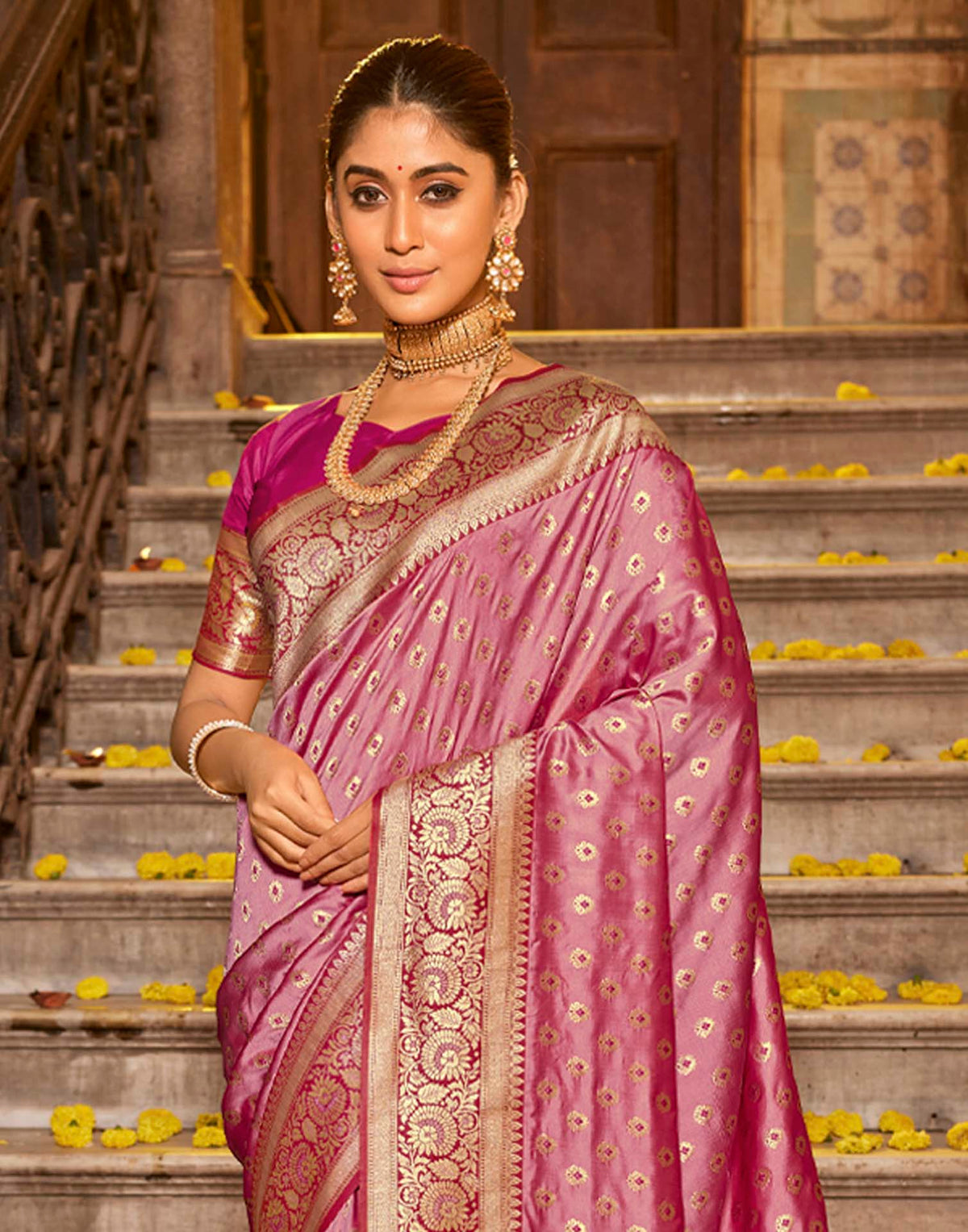 Dusty Rose Pink Silk Woven Banarasi Saree