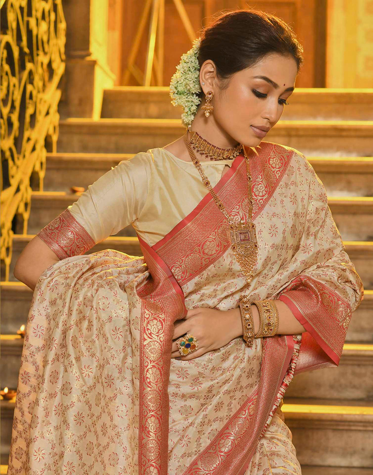 Champagne Beige Silk Woven Banarasi Saree