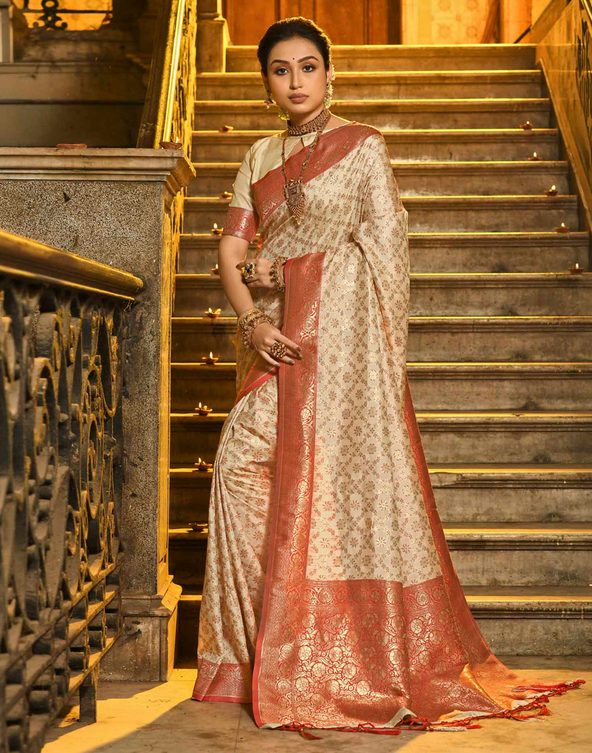 Champagne Beige Silk Woven Banarasi Saree