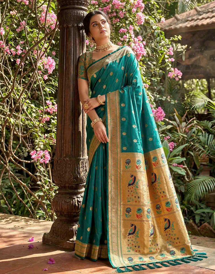 Teal Blue Soft Silk Woven Paithani Saree