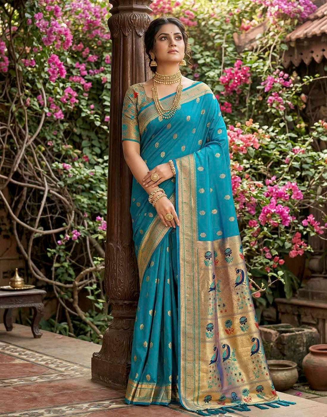 Rama Blue Soft Silk Woven Paithani Saree