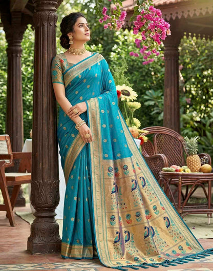 Rama Blue Soft Silk Woven Paithani Saree